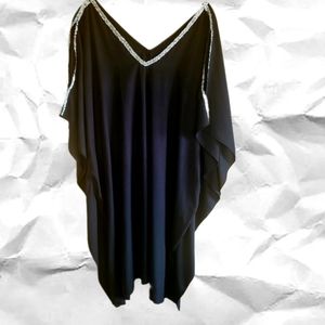 BALI QUEEN Cold Shoulder Kaftan Coverup Black with Silver Sequin Trim NWOT